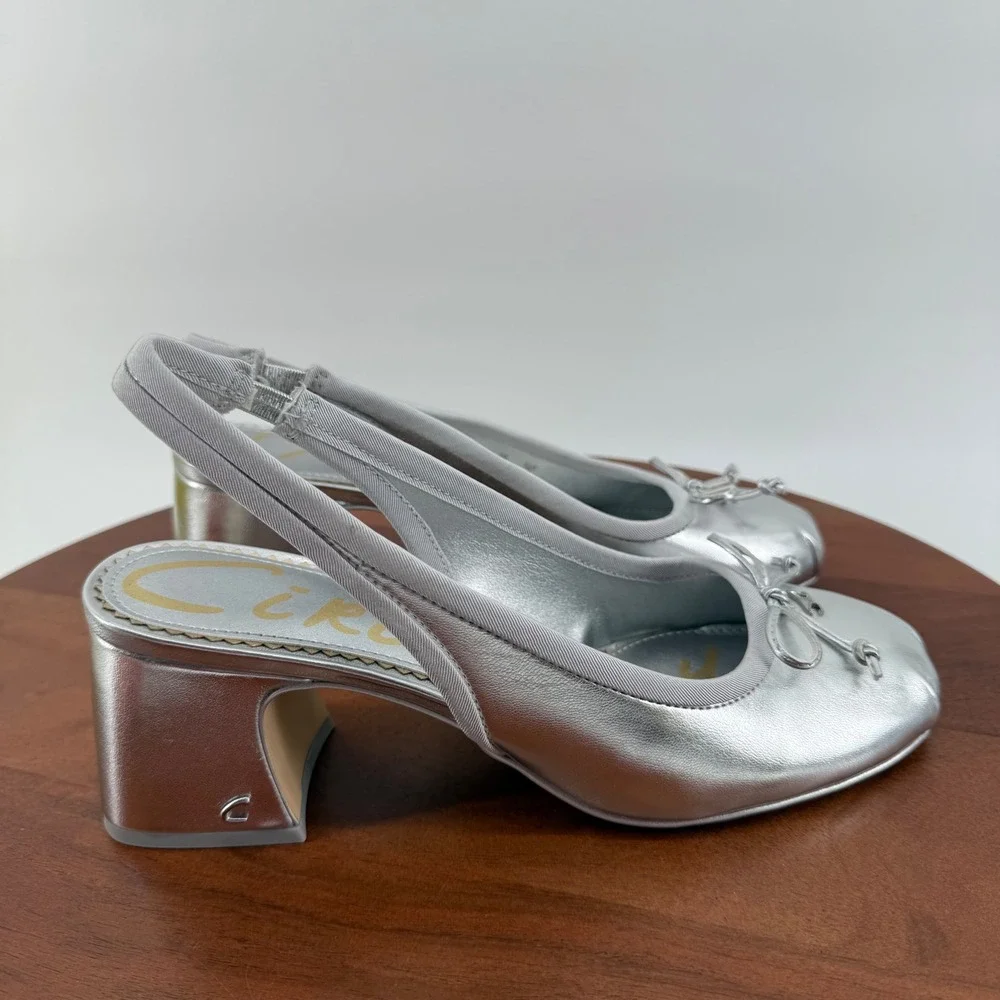 Circus NY Diane Soft Silver Slingback Block Heel Square Toe Bow Pumps Women 8.5M